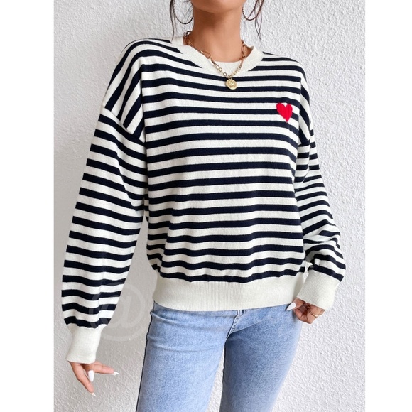 Striped Navy and White with Red Heart Pullover Knit Sweater Crewneck - Picture 6 of 9